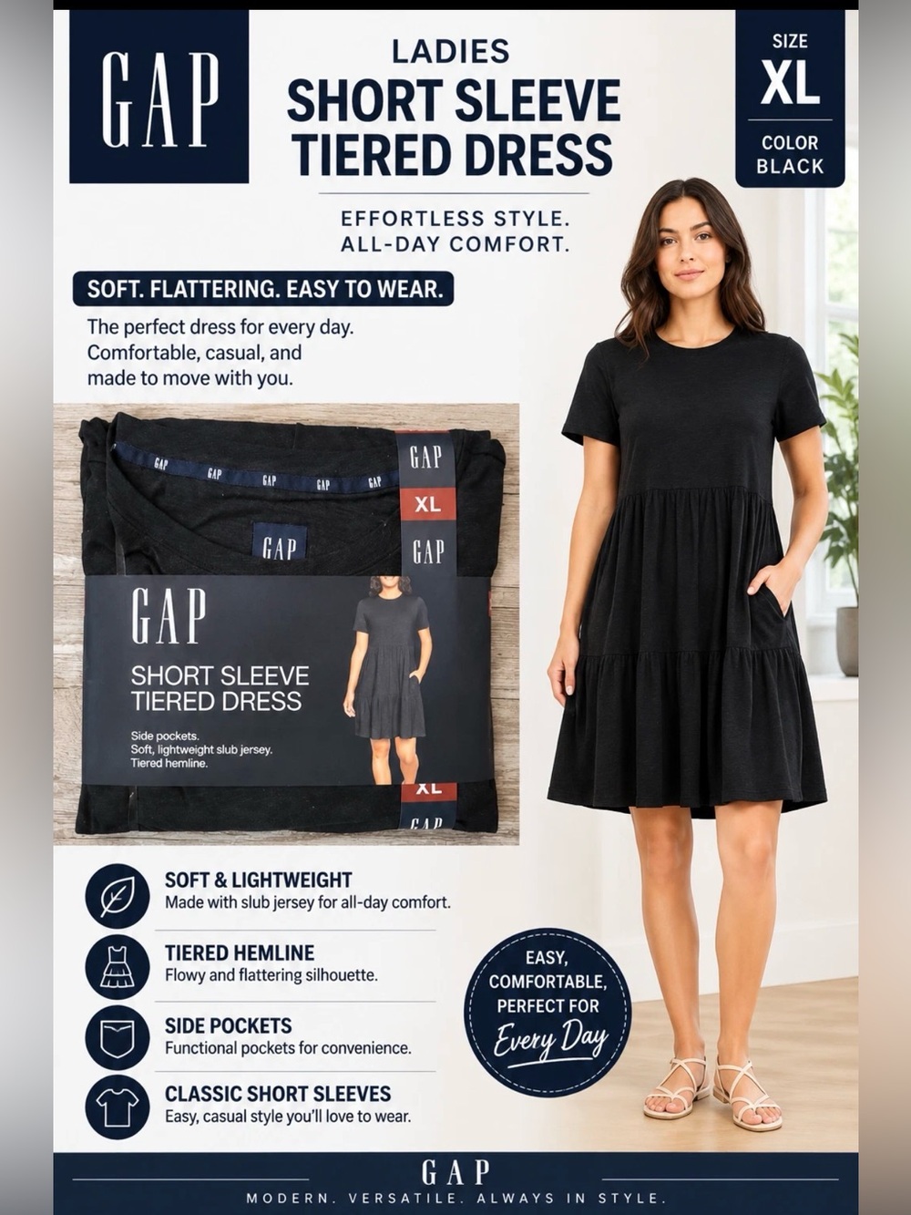 GAP Short Sleeve Tiered Dress - Black
